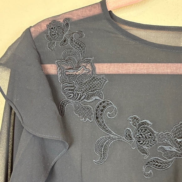 WHBM Black Sheer Long Sleeve Tunic Blouse with Floral Appliqué/Ruffle Accent NWT - Picture 4 of 13
